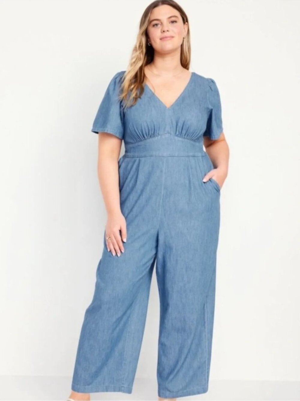 Old Navy Waist-Defined Puff Sleeve Denim Jumpsuit XL Wide Leg 100% Cotton